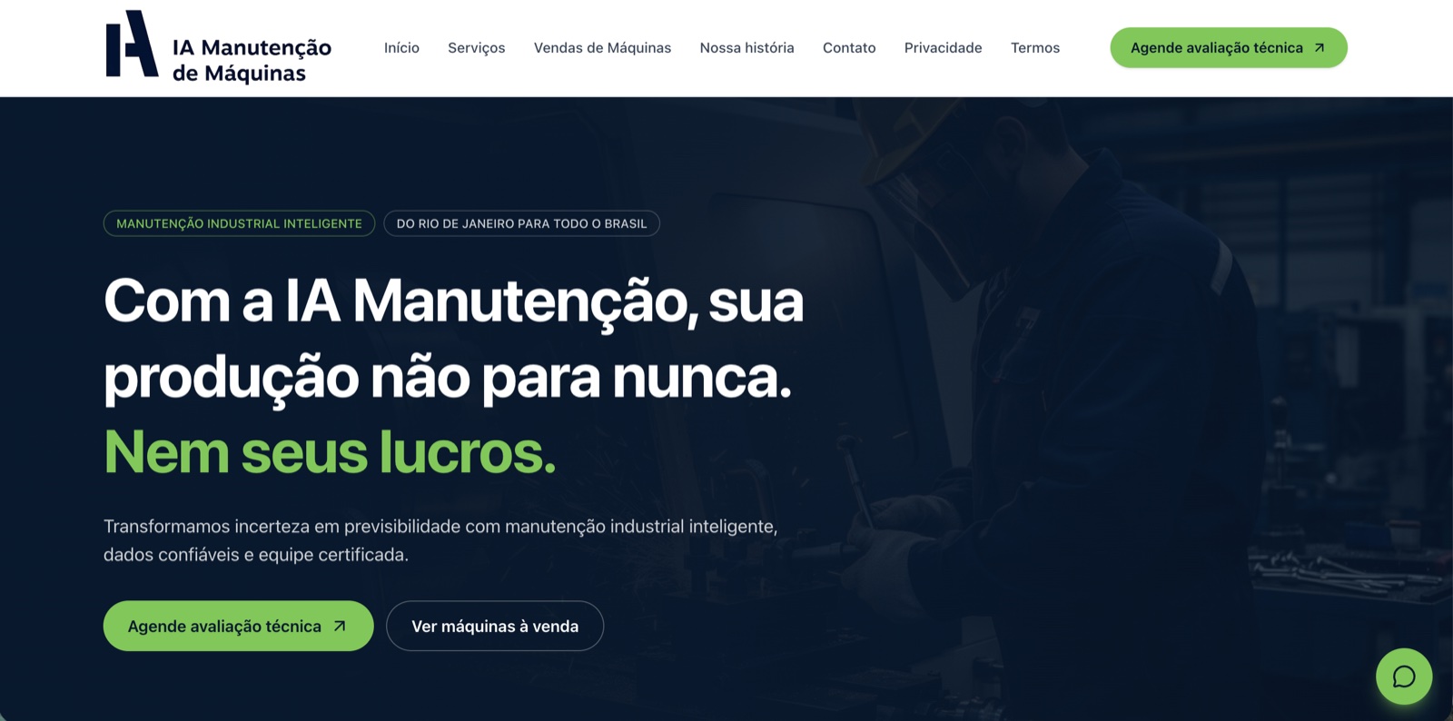 Print da página inicial do site desenvolvido para a IA Manutenção de Máquinas e Equipamentos